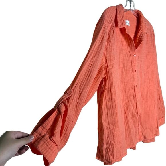Chico's Orange Long Sleeve Button Up Shirt Roll Tab Sleeve 100% Cotton - Picture 7 of 11